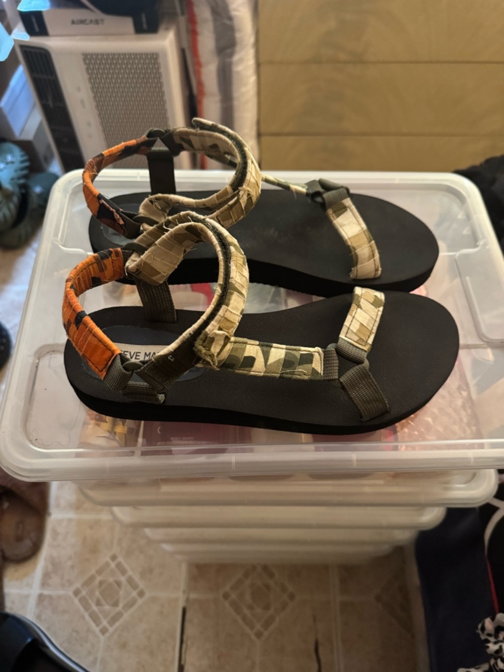 Steve Madden Black Sandals with Olive and Orange Patterned Straps